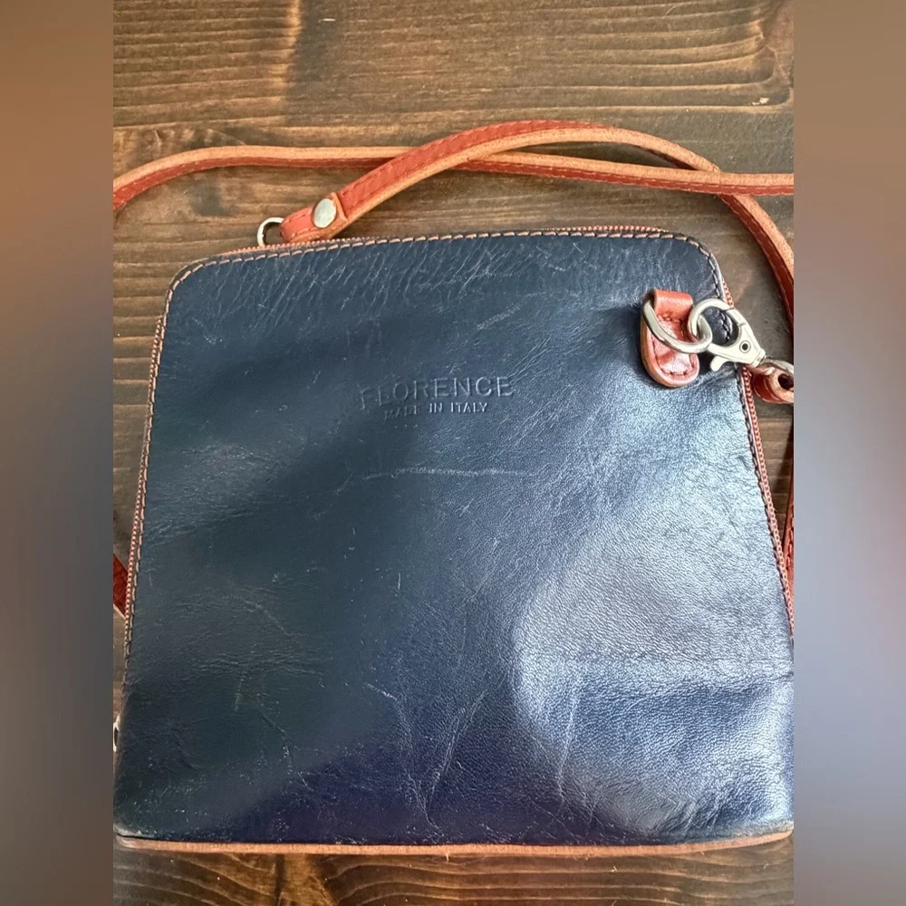 Florence Made in Italy Navy & Brown Leather Crossbody with Silver Tone Hardware